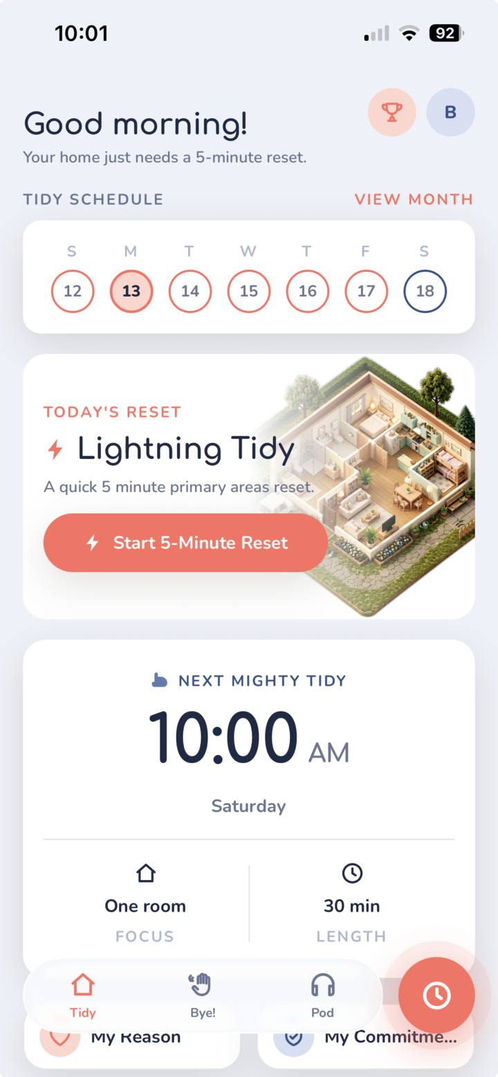 The Tindy app home screen: today's Lightning Tidy reset and the next scheduled Mighty Tidy