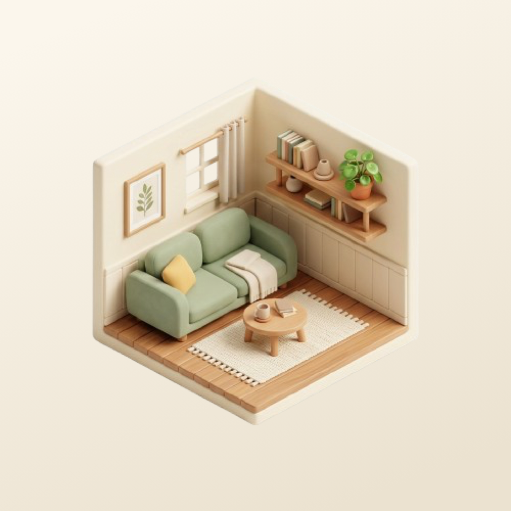 A cozy, tidy living room illustration from the Tidy app
